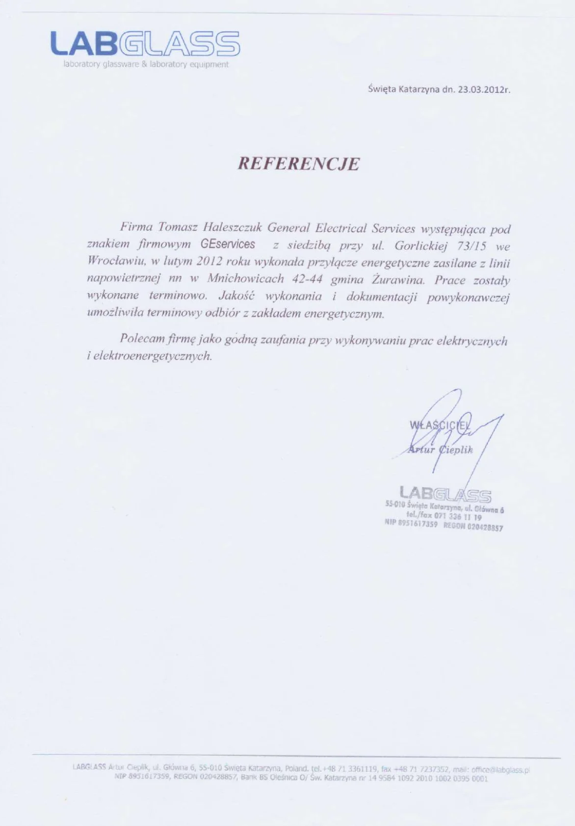 Labglass - referencje Haleszczuk