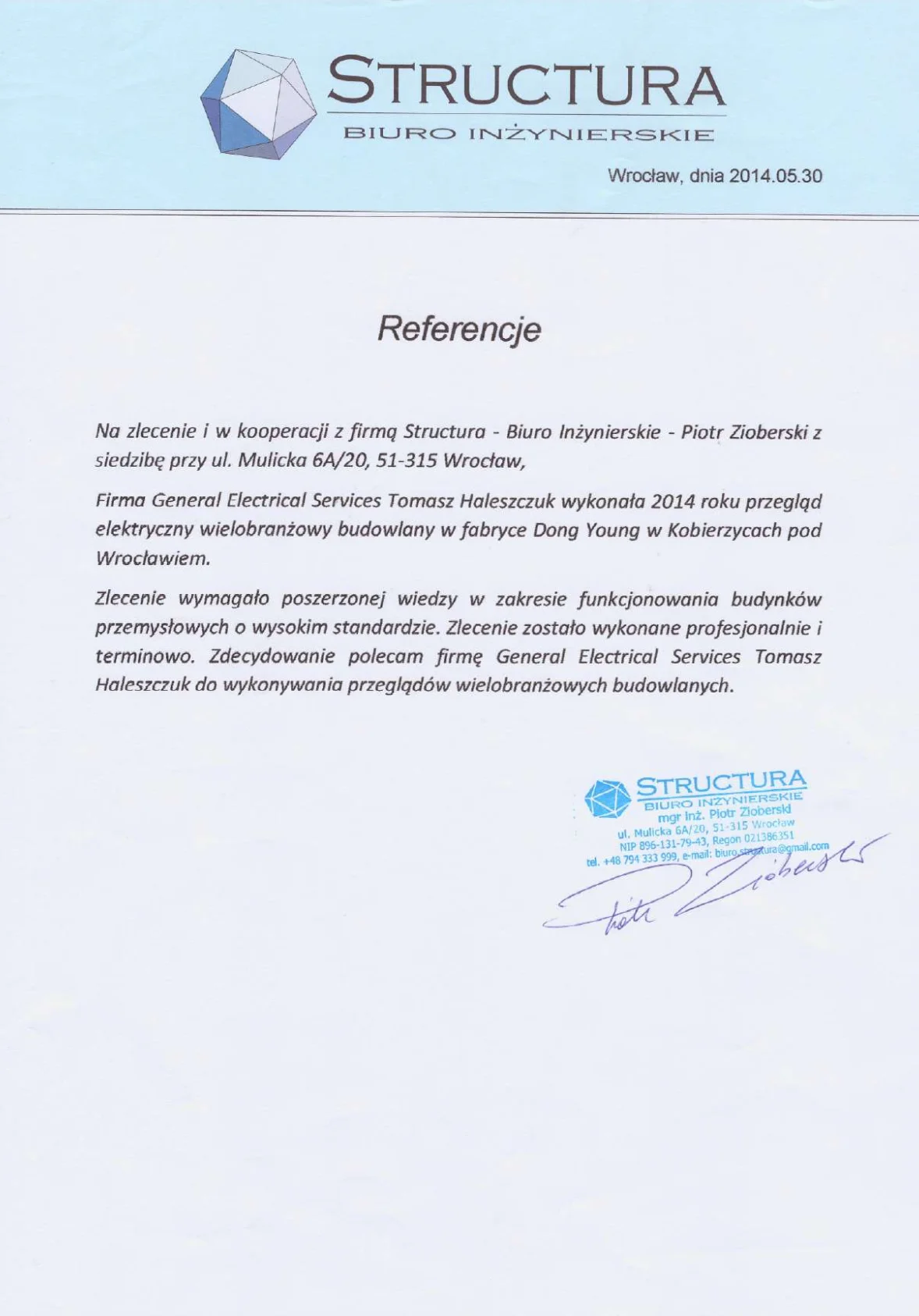 Structura Piotr Zioberski - referencje Haleszczuk